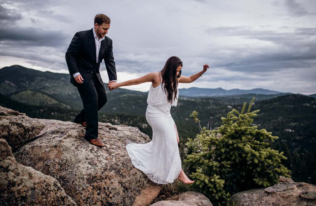 couple hiking on their elopement day 