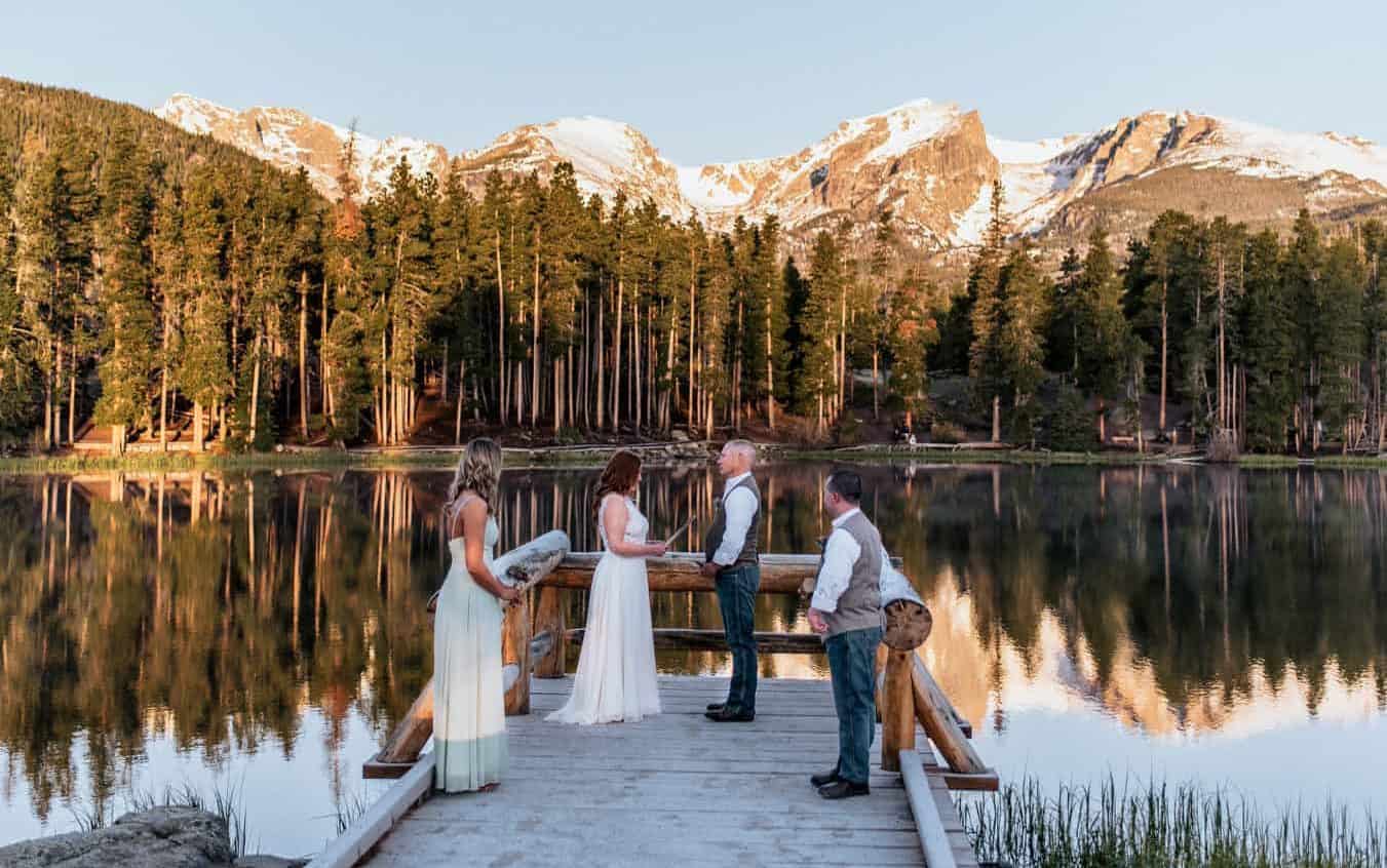 couple eloping at Sprague Lake in Rocky Mountain national park